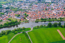 Aerial photograpy of Main ferry "STADT SELIGENSTADT" at the monastery Seligenstadt in Seligenstadt in the state Hesse, Germany