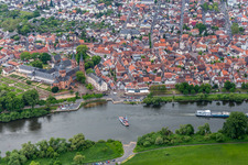 Aerial view of Ride a ferry ship over the main river "Stadt Seligenstadt" in Seligenstadt in the state Hesse, Germany