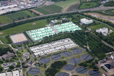 BASF wastewater treatment plant in the district Mörsch in Frankenthal in the state Rhineland-Palatinate, Germany viewn from the air