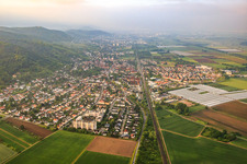 Aerial photograpy of Railway line to S and plastic greenhouses for strawberries of the asparagus and fruit farm Wendel in the district Sandwiese in Zwingenberg in the state Hesse, Germany