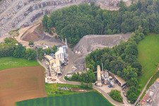 Aerial photograpy of Röhrig granit GmbH quarry in the morning mist in the district Sonderbach in Heppenheim in the state Hesse, Germany