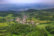 Aerial view of Village view in the Odenwald in the morning from the east in the district Ober-Laudenbach in Heppenheim in the state Hesse, Germany