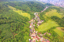 Aerial view of Village view in the Laudenbachtal in the morning from the east in Laudenbach in the state Baden-Wuerttemberg, Germany
