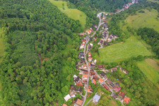 Aerial photograpy of Village view in the Laudenbachtal in the morning from the east in Laudenbach in the state Baden-Wuerttemberg, Germany