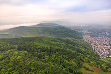 Slopes of the Odenwald in the morning mist from the north in Hemsbach in the state Baden-Wuerttemberg, Germany
