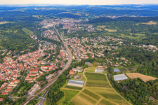Aerial view of City view from the west in the district Grötzingen in Karlsruhe in the state Baden-Wuerttemberg, Germany