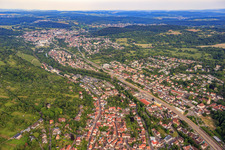 Eisenbahnstraße from the west in the district Grötzingen in Karlsruhe in the state Baden-Wuerttemberg, Germany