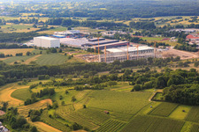 Industrial area Industriestraße with Winkels Getränke Logistik GmbH Östringen and construction site for Bader Versand Zentrum Östringen in Östringen in the state Baden-Wuerttemberg, Germany