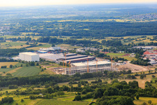 Aerial view of Industrial area Industriestraße with Winkels Getränke Logistik GmbH Östringen and construction site for Bader Versand Zentrum Östringen in Östringen in the state Baden-Wuerttemberg, Germany
