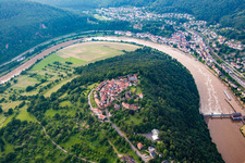 Aerial view of Ruins and vestiges of the former castle and fortress Dilsberg in the district Dilsberg in Neckargemuend in the state Baden-Wurttemberg