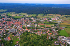 Oblique view of Hirschhorner Straße with Sauter Omnibusreisen and Braun & Wettberg Feinbürstenmanufaktur GmbH Neckartal-Odenwald in the district Beerfelden in Oberzent in the state Hesse, Germany