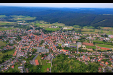View of the town with WEBA Schulausstattung GmbH and Edelmann Printing Machines from the south in the district Beerfelden in Oberzent in the state Hesse, Germany