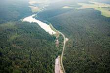 Oblique view of Marbach, Marbach Reservoir in the district Hetzbach in Oberzent in the state Hesse, Germany