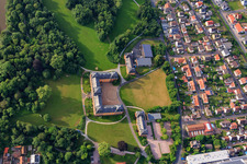 Aerial view of Castle park with winery Prince Löwenstein, Châteauform' Castle Löwenstein in Kleinheubach in the state Bavaria, Germany
