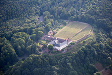 Aerial view of Complex of buildings of the monastery Franziskanerkloster Engelberg in Grossheubach in the state Bavaria, Germany