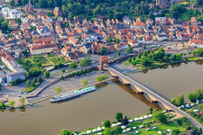 Aerial view of Motorhome parking space Miltenberg and campsite "MainCamping" Miltenberg on the banks of the Main and Main Bridge to Miltenberg's old town in Miltenberg in the state Bavaria, Germany