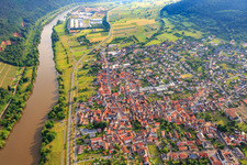 Aerial view of Freudenberger Straße from the south in Bürgstadt in the state Bavaria, Germany