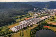 Aerial view of Rauch Furniture Works GmbH in Freudenberg in the state Baden-Wuerttemberg, Germany