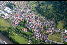 Aerial view of Building complex in the park of the castle Fechenbach in the district Fechenbach in Collenberg in the state Bavaria, Germany
