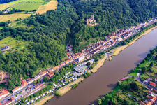 Aerial photograpy of Henneburg above the village on the banks of the Main with campsite Boots-Marina from the southwest in the district Hofthiergarten in Stadtprozelten in the state Bavaria, Germany
