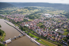 City center in the downtown area on the banks of river course of the Main river in Faulbach in the state Bavaria, Germany