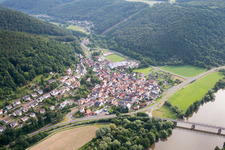 Aerial view of Village on the river bank areas of the Main river in Hasloch in the state Bavaria, Germany