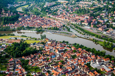 Aerial view of Riparian areas along the river mouth of Tauber into Main in Wertheim in the state Baden-Wurttemberg, Germany