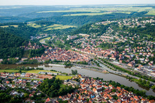 Aerial photograpy of Riparian areas along the river mouth of Tauber into Main in Wertheim in the state Baden-Wurttemberg, Germany