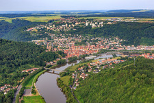 Aerial view of City view on the Main from the east in Wertheim in the state Baden-Wuerttemberg, Germany