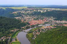 Aerial photograpy of City view on the Main from the east in Wertheim in the state Baden-Wuerttemberg, Germany