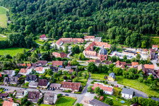 Aerial view of Building complex of the former monastery and today Benediktushof - Zentrum fuer Meditation and Achtsamkeit Seminar- and Tagungszentrum GmbH in Holzkirchen in the state Bavaria, Germany