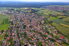 Aerial view of View of the town from the west in Eisingen in the state Bavaria, Germany