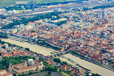 Aerial view of Marienberg Fortress above the old Main Bridge from the southwest in the district Altstadt in Würzburg in the state Bavaria, Germany