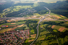 Routing and traffic lanes during the highway exit and access the motorway A 3 auf Bundesstrasse B19 in the district Heidingsfeld in Wuerzburg in the state Bavaria, Germany