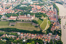 Aerial view of Fortress Festung Marienberg above the Main river in Wuerzburg in the state Bavaria, Germany