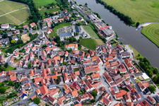 Village on the river bank areas of the Main river in Wipfeld in the state Bavaria, Germany from above