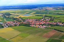 Village overview from the northwest with new development area Am Apfelgarten in Impflingen in the state Rhineland-Palatinate, Germany