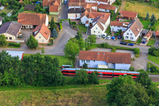 Aerial photograpy of Regional train at the station in Barbelroth in the state Rhineland-Palatinate, Germany