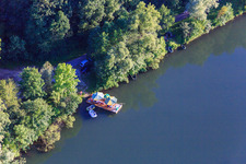 Aerial view of Summer picnic on a raft on the Isar in the district Harburg in Pilsting in the state Bavaria, Germany