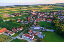 Village view on the Isar from the east in Oberpöring in the state Bavaria, Germany
