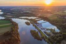 Sunset over the lakes on the Isar in front of the barrage Ettling in the district Ettling in Wallersdorf in the state Bavaria, Germany