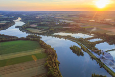 Aerial photograpy of Sunset over the lakes on the Isar in front of the barrage Ettling in the district Ettling in Wallersdorf in the state Bavaria, Germany