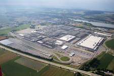 Building and production halls on the premises of BMW facility in Dingolfing in the state Bavaria from above