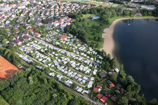 Sandy beach areas on the Campingplatz Wiesensee in Hemsbach in the state Baden-Wurttemberg, Germany