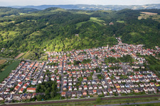 Aerial view of Village - view on the edge of agricultural fields and farmland in Sulzbach in the state Baden-Wurttemberg, Germany