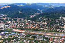 Old town beyond the railway at the foot of the Odenwald with Wachenburg Castle and Windeck Castle ruins Weinheim in Weinheim in the state Baden-Wuerttemberg, Germany
