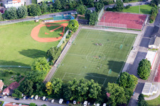 Ensemble of sports grounds of socker club 1919 Schriesheim Clubhouse in Schriesheim in the state Baden-Wurttemberg, Germany