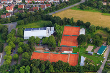 Aerial view of Tennis courts and tennis hall of the Tennisclub Schriesheim eV in Schriesheim in the state Baden-Wuerttemberg, Germany