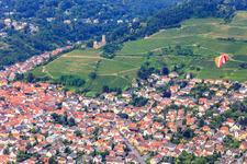Aerial view of Strahlenburg castle ruins between vineyards in Schriesheim in the state Baden-Wuerttemberg, Germany