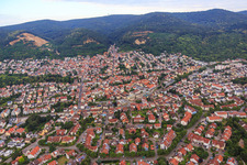 City view from the west on the edge of the Odenwald with the former Vatter quarry and Leferenz quarry Dossenheim in Dossenheim in the state Baden-Wuerttemberg, Germany